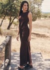 Crochet Lace Side Split Maxi Skirt, Brown, large