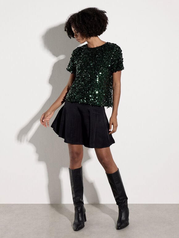 Multi Sequin Boxy Top, Green, large