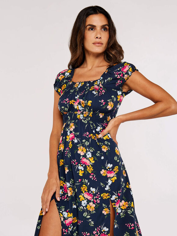 Floral Milkmaid Midi Dress, Navy, large