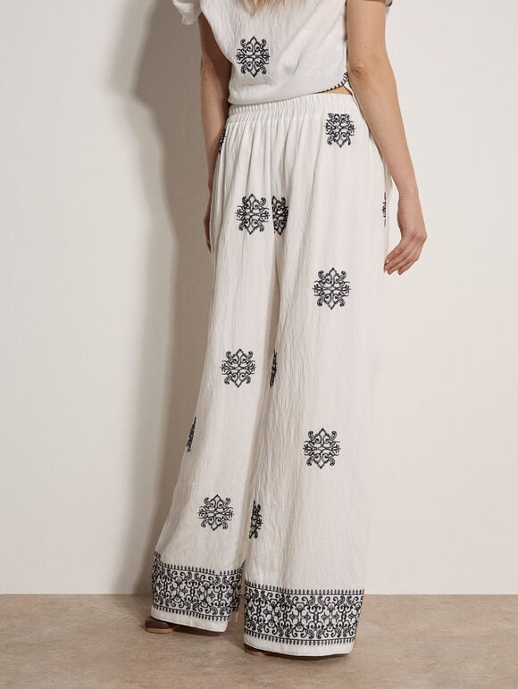 Paisley Embroidered Wide-Leg Trousers, White, large