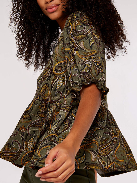 Paisley Billow Sleeve Top, Khaki, large