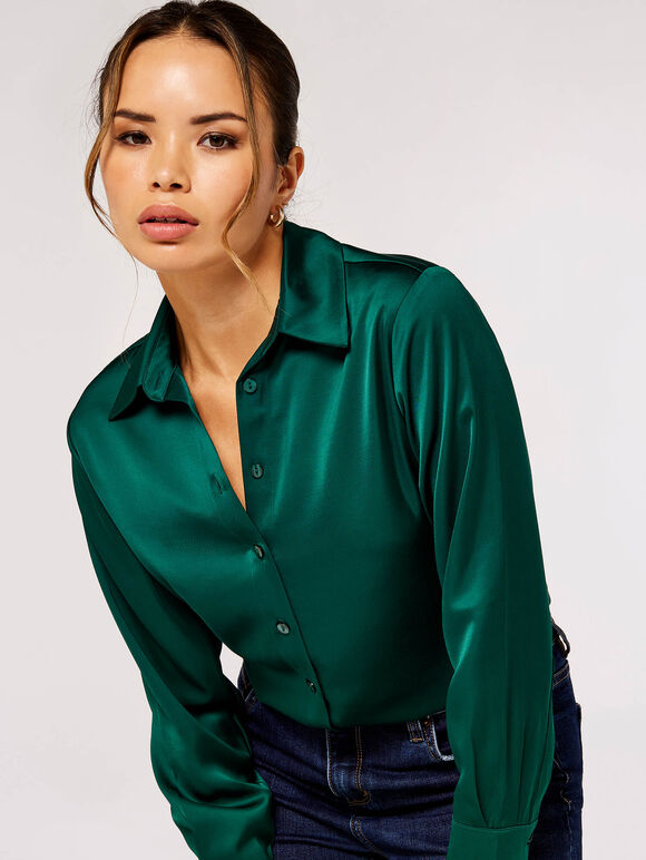 Long Sleeve Satin Shirt, Green, large