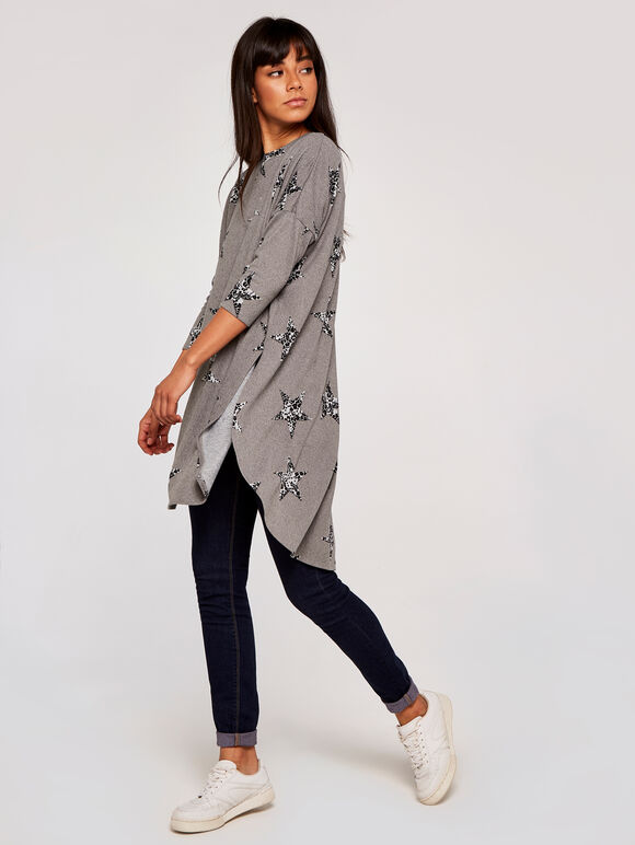 Leopard Star Print Curve Hem Top, Grey, large