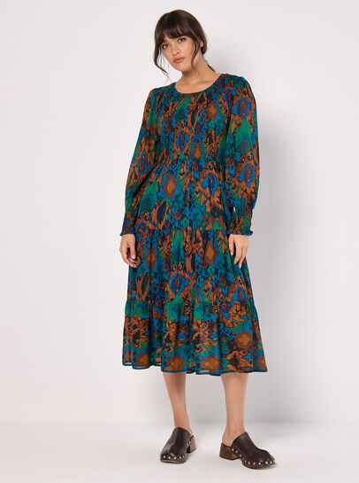Ikat Chiffon Smocked Midi Dress