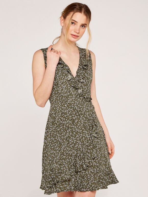 Ditsy Ruffle Wrap Dress, Khaki, large