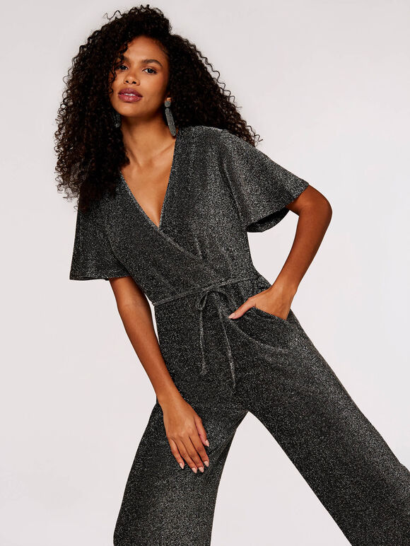 Metallic Sparkle Wide Leg Jumpsuit, Light Grey / Silver, large