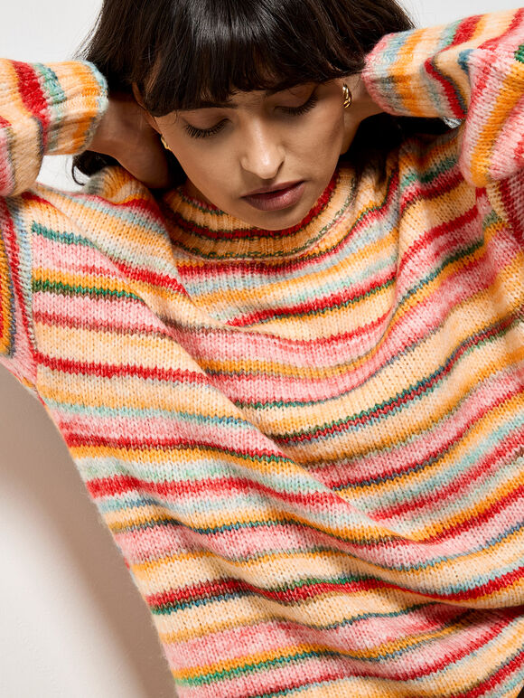 Multicoloured Stripe Soft Jumper, Red, large