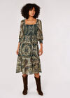 Scarf Print Milkmaid Midi Dress, Green, large