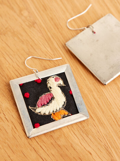 Silver Tone Embroidered Bird Hook Earrings