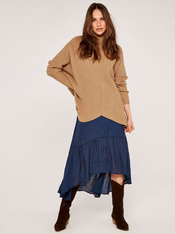 Shark Hem Crinkle Belted Skirt, Navy, large