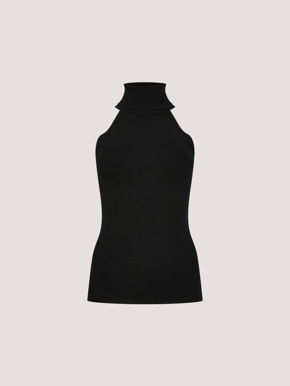 Roll Neck Knitted Tank Top, Black, large