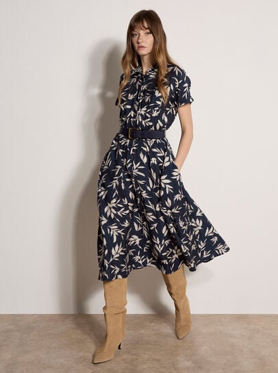 Textured Leaf Shirt Midi Dress