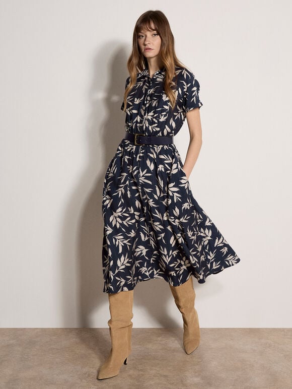 Textured Leaf Shirt Midi Dress, Navy, large