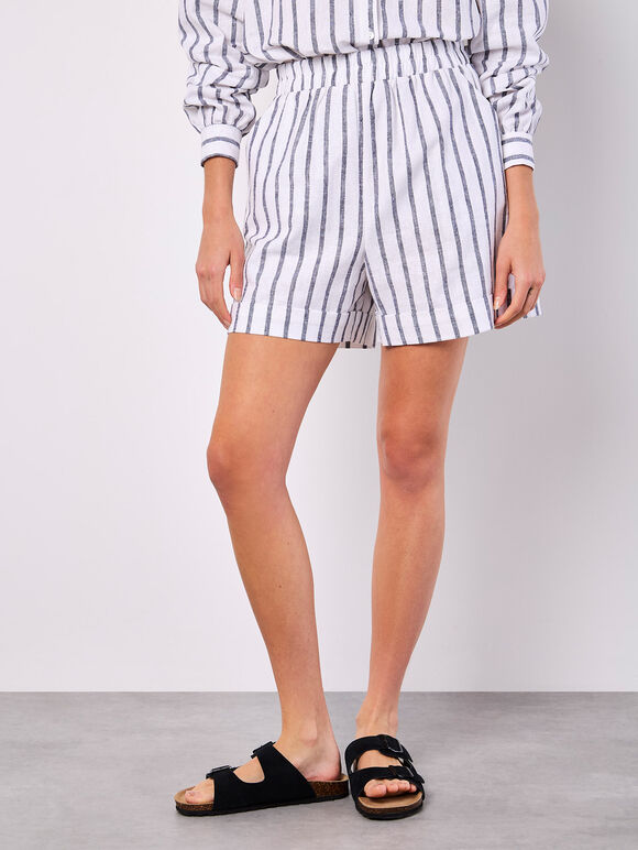 Linen Blend Stripe Shorts, Navy, large