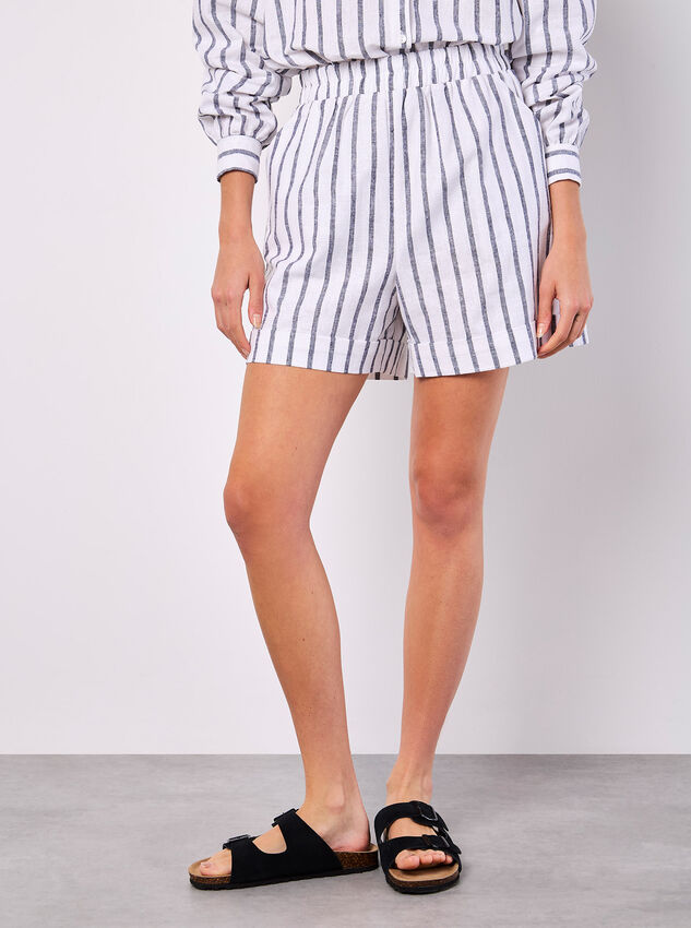 Linen Blend Stripe Shorts, Navy, large