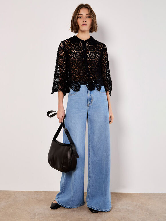 Geometric Crochet Shirt, Black, large