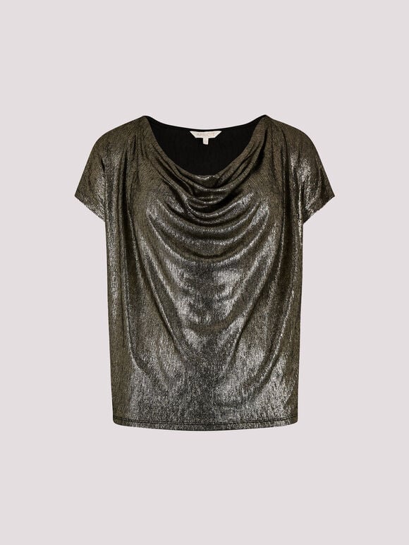 Metallic Foil Cowl Neck Top, Brown, large