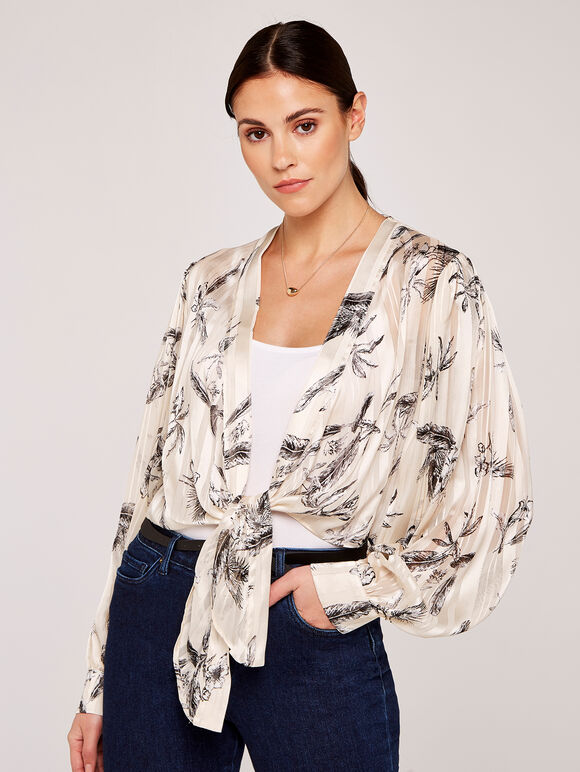 Tropical Posy Front Tie Crop Top, Stone, large