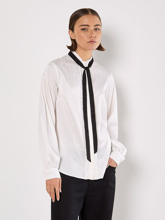 Bow Neck Ruffle Shirt, White, large