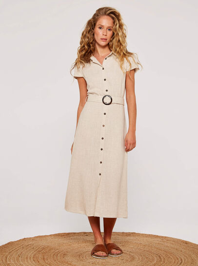 Linen Blend Belted Shirt Midi Dress