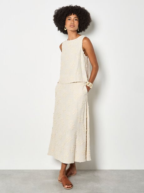 Embroidered Floral Linen Blend Midaxi Skirt