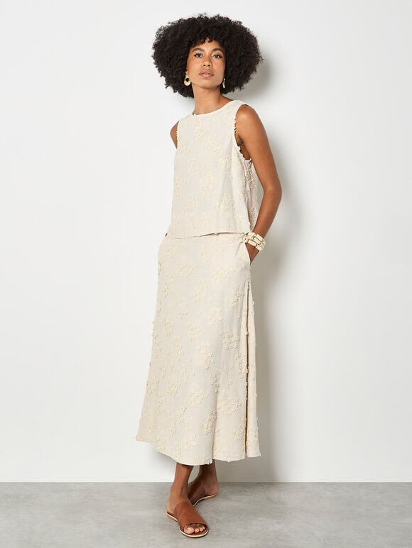 Embroidered Floral Linen Blend Midaxi Skirt, Stone, large