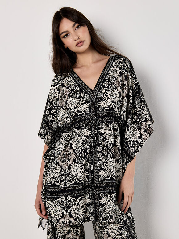 Scarf Print Kimono Mini Dress, Black, large
