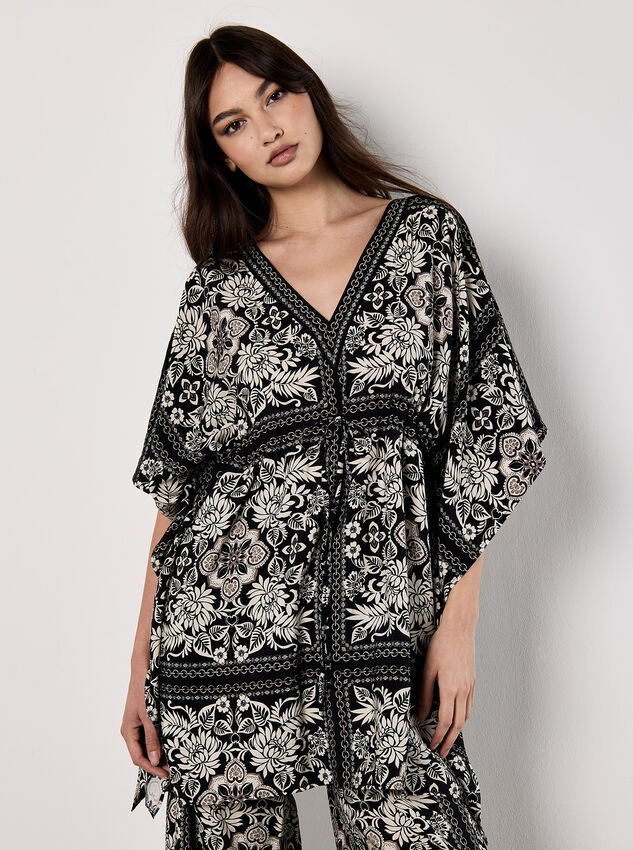 Scarf Print Kimono Mini Dress, Black, large