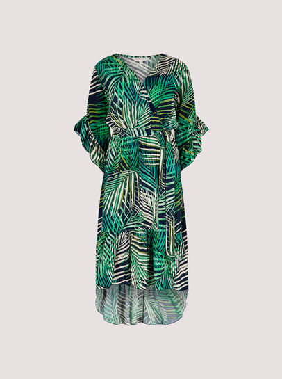 Tropical Leaf Ruffle Midi Dress