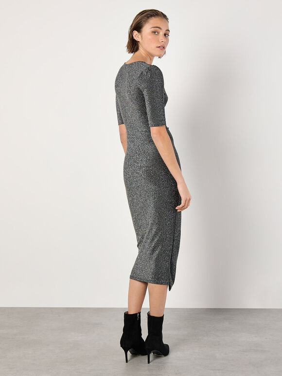 Foil Sparkle Ruched Midi Dress, Black, large
