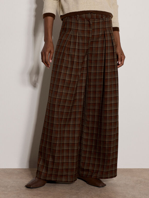 Check Print Tailored Wide-Leg Trousers, Brown, large