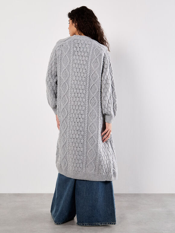 Chunky Cable Knit Longline Cardigan, Grey, large