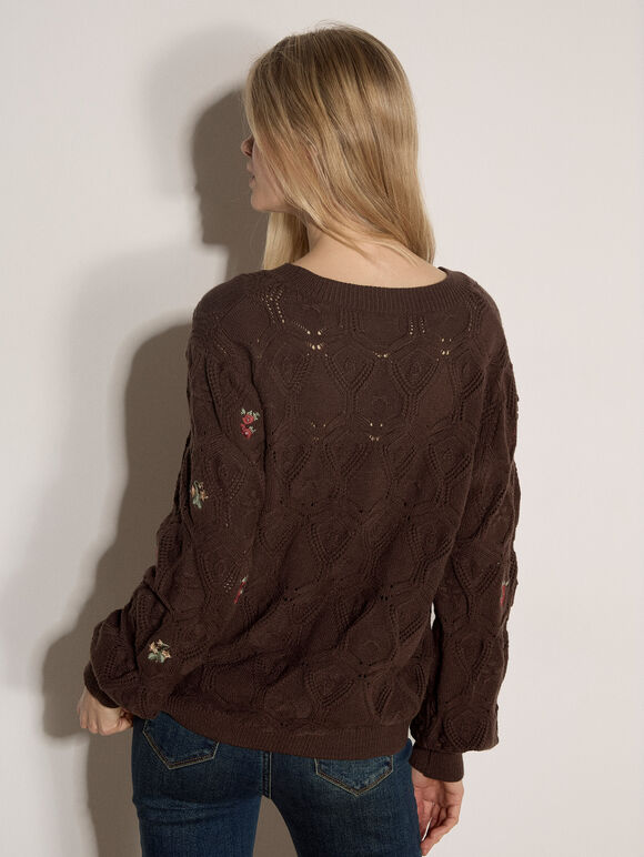Pointelle Knit Floral Embroidered Jumper, Brown, large