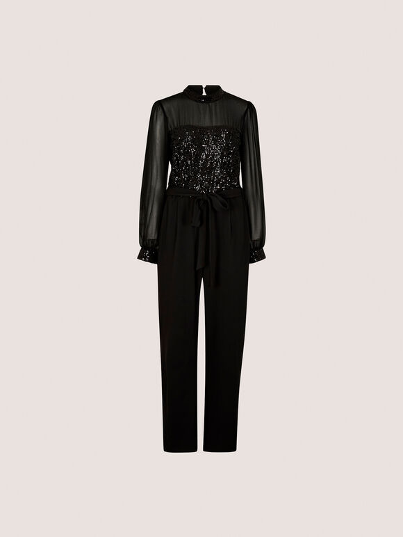 Sequin Bodice Jumpsuit, Black, large