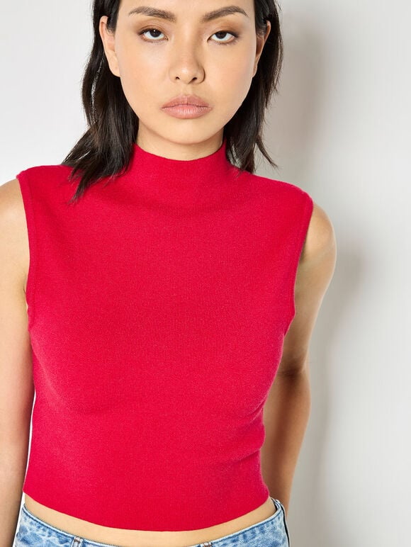 High Neck Knitted Crop Top, Red, large