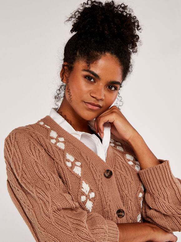 Chunky Contrast Cardigan, Stone, large