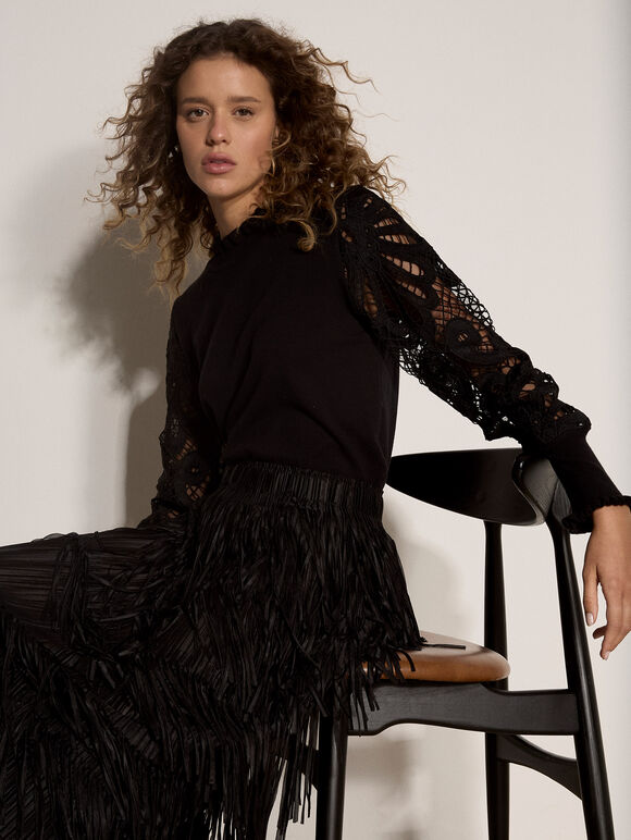 Lace Mesh Jumper, Black, large