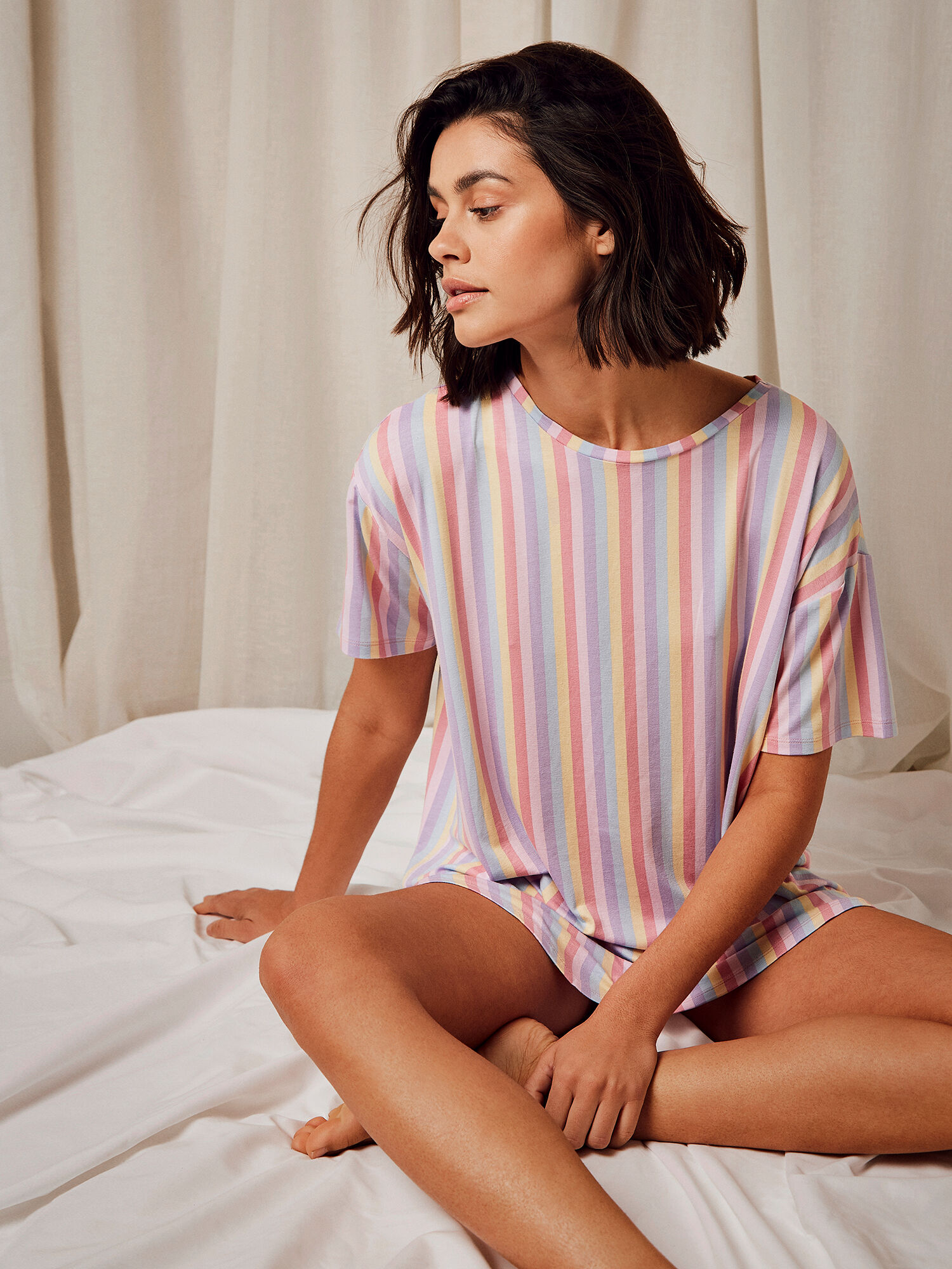White rainbow stripe t shirt dress on sale