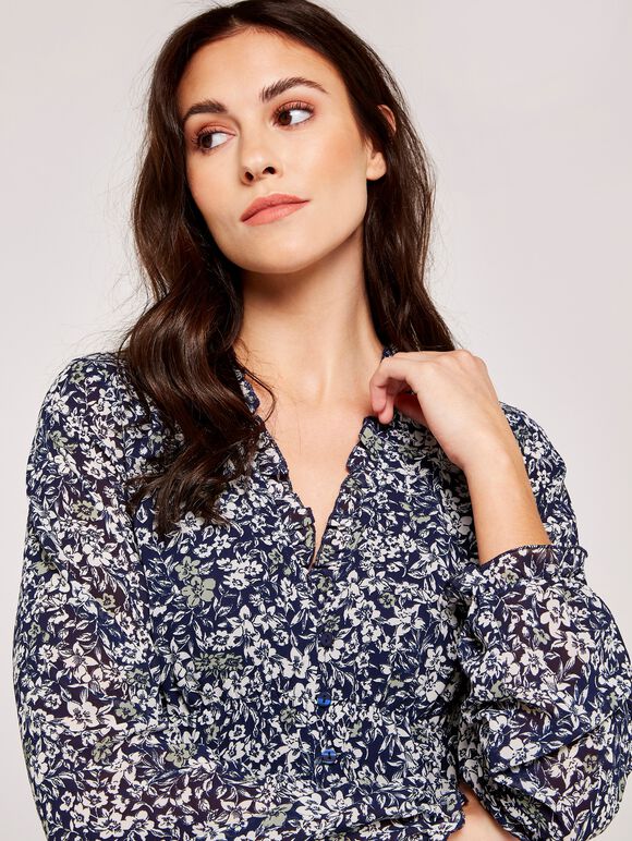 Graphic Daffodil Ruffle Dress, Navy, large