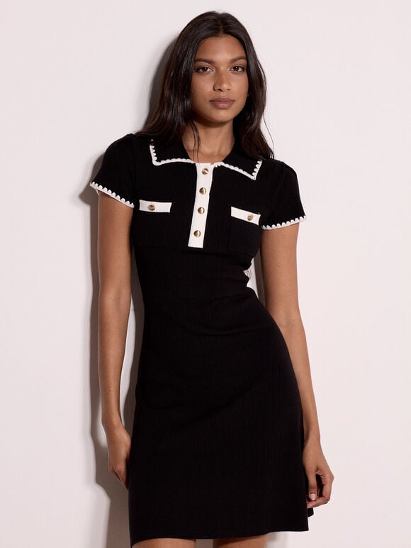 Blanket Stitch Knitted Mini Dress, Black, large