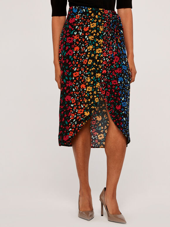 Black Floral Wrap Skirt