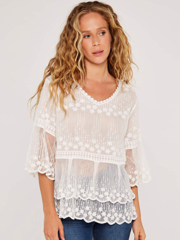 Embroidered Cotton Mesh Blouse, Cream, large