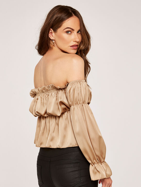 Satin Ruffle Bardot Top, Stone, large