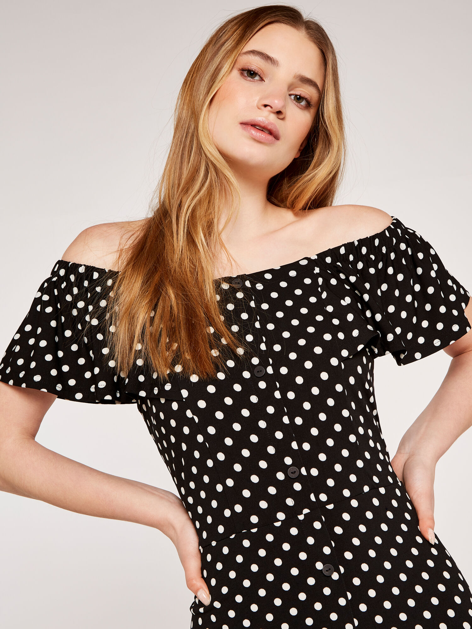 Spot Bardot Midi Dress Apricot Clothing