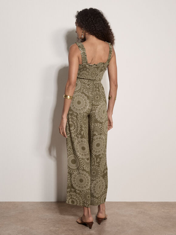 Kaleidoscope Shirred Wide-Leg Jumpsuit, Khaki, large