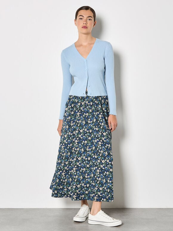 Floral Print A-Line Midaxi Skirt, Navy, large