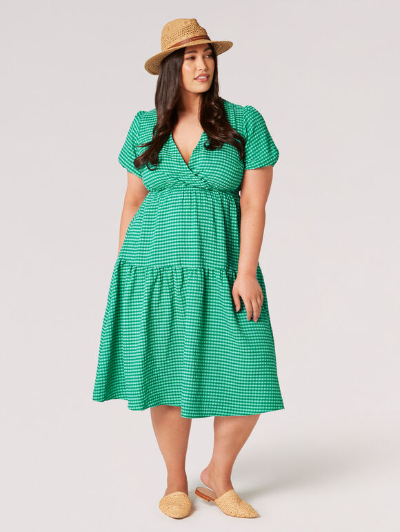 Curve Gingham Tiered Wrap Midi Dress, Green, large