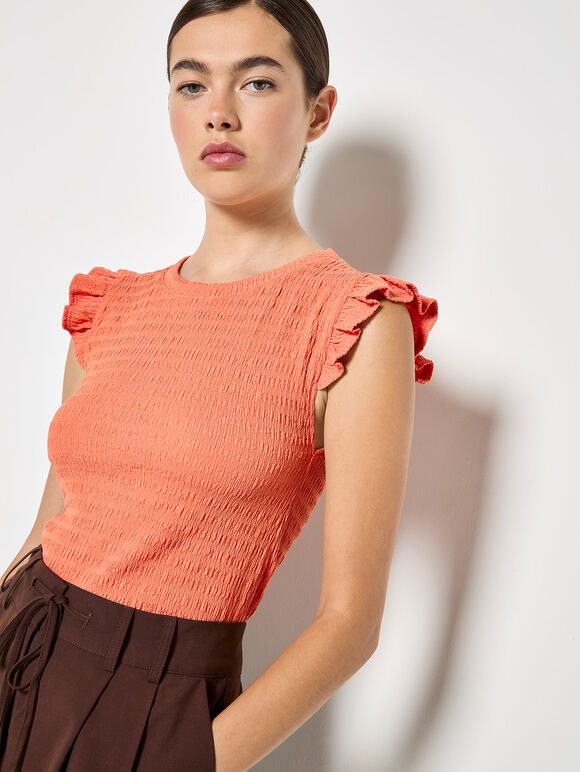 Textured Jersey Ruffle Sleeve T-Shirt, Coral, large