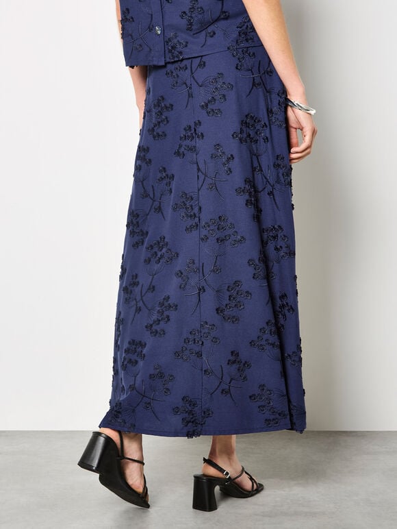 Embroidered Floral Linen Blend Midaxi Skirt, Navy, large