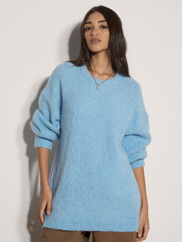 Soft Boucl&eacute; Oversized Long Jumper, Sky Blue, large